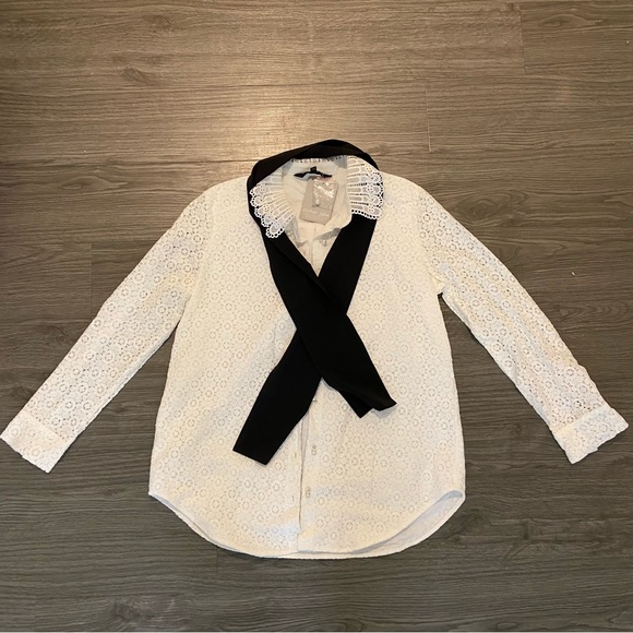 Blouse Dentelle Et Perles Noir Et Blanc - Taille S, Neuve Avec étiquettes, Sans Marque